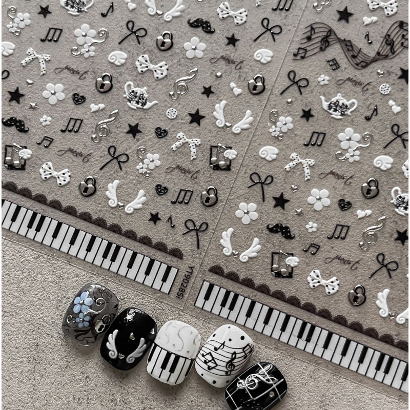 5D 레트로 음악 스타일 네일 스티커 흑백 피아노 건반 - Musical Instrument Images 리뷰 및 가격